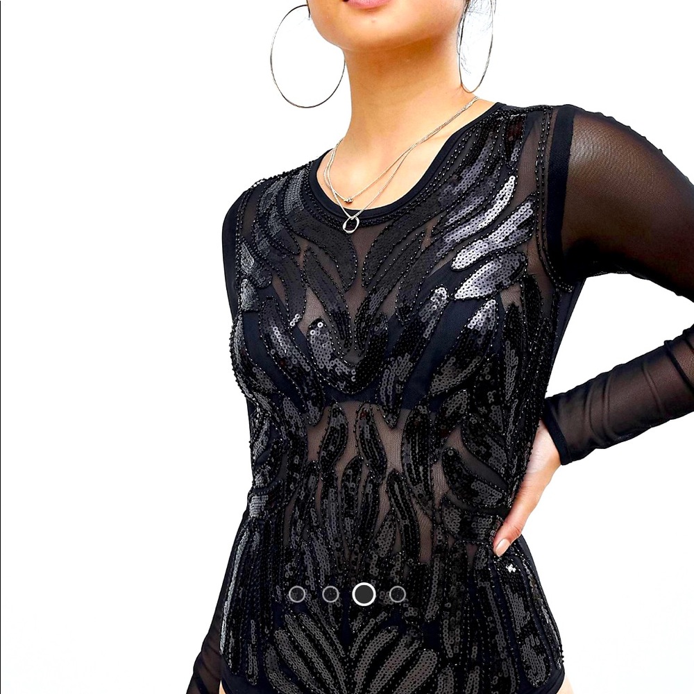 Boohoo Sexy Black mesh beaded & sequin bodysuit